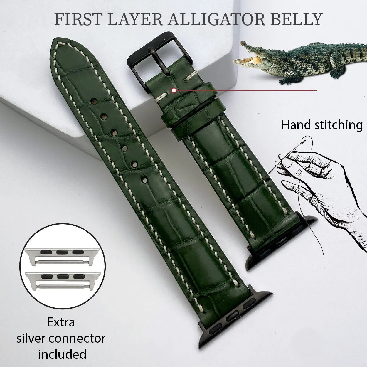 White Hand Stitching Green Alligator Leather Strap for Apple Watch Ultra Series 8 7 6 5 4 3 SE | AW-158