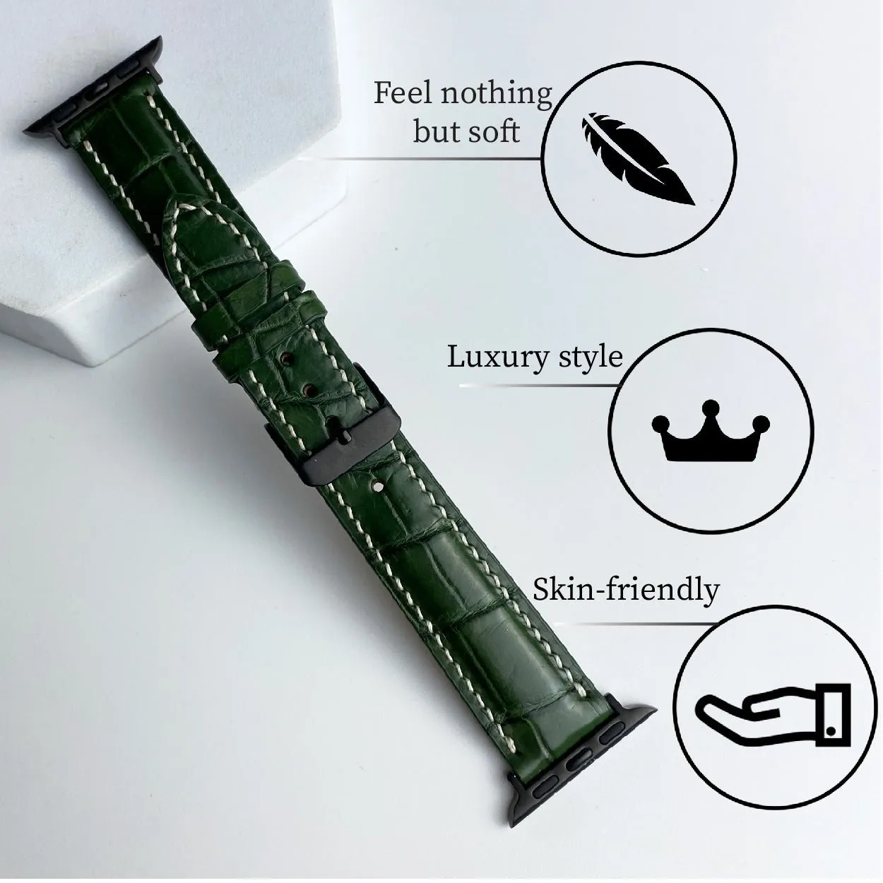 White Hand Stitching Green Alligator Leather Strap for Apple Watch Ultra Series 8 7 6 5 4 3 SE | AW-158