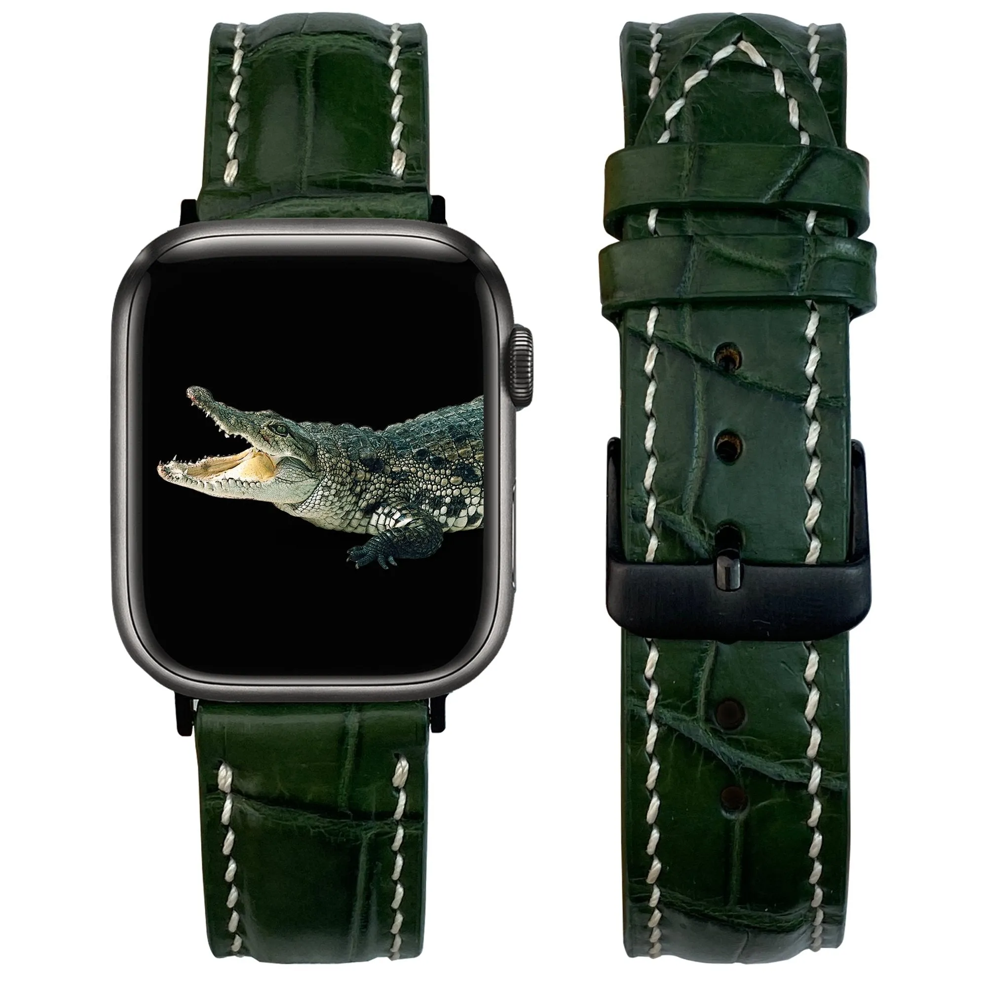 White Hand Stitching Green Alligator Leather Strap for Apple Watch Ultra Series 8 7 6 5 4 3 SE | AW-158