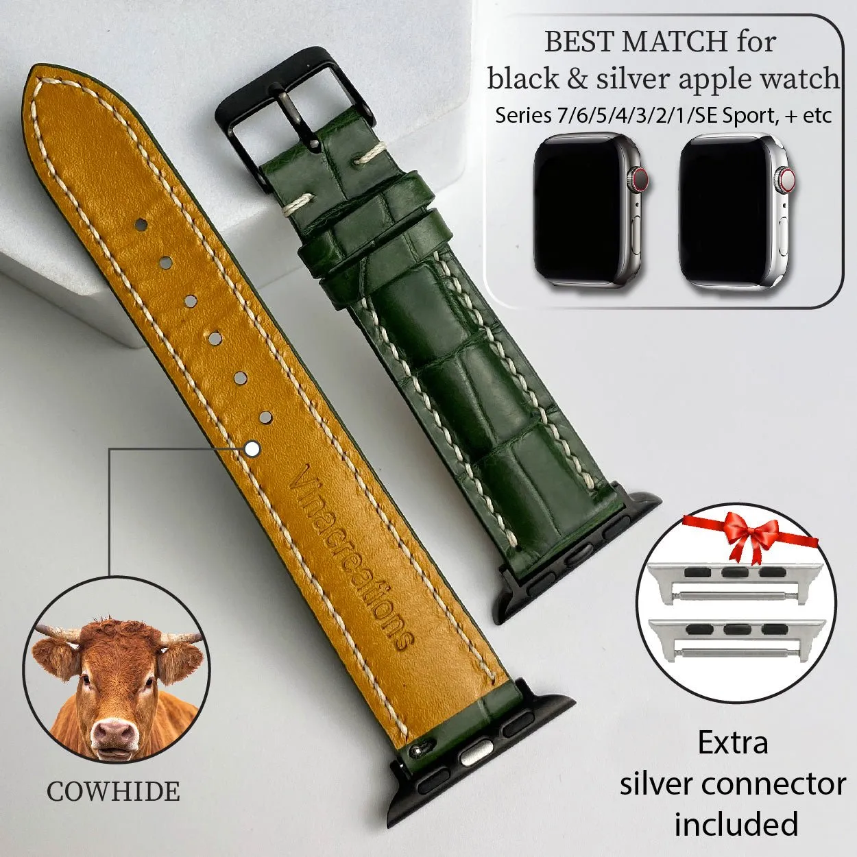 White Hand Stitching Green Alligator Leather Strap for Apple Watch Ultra Series 8 7 6 5 4 3 SE | AW-158