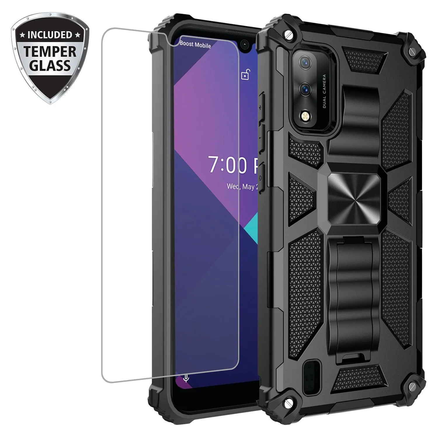 Wiko Ride 3 Case [Military Grade] Ring Car Mount Kickstand w/[Tempered Glass] Hybrid Hard PC Soft TPU Shockproof Protective Case - Black